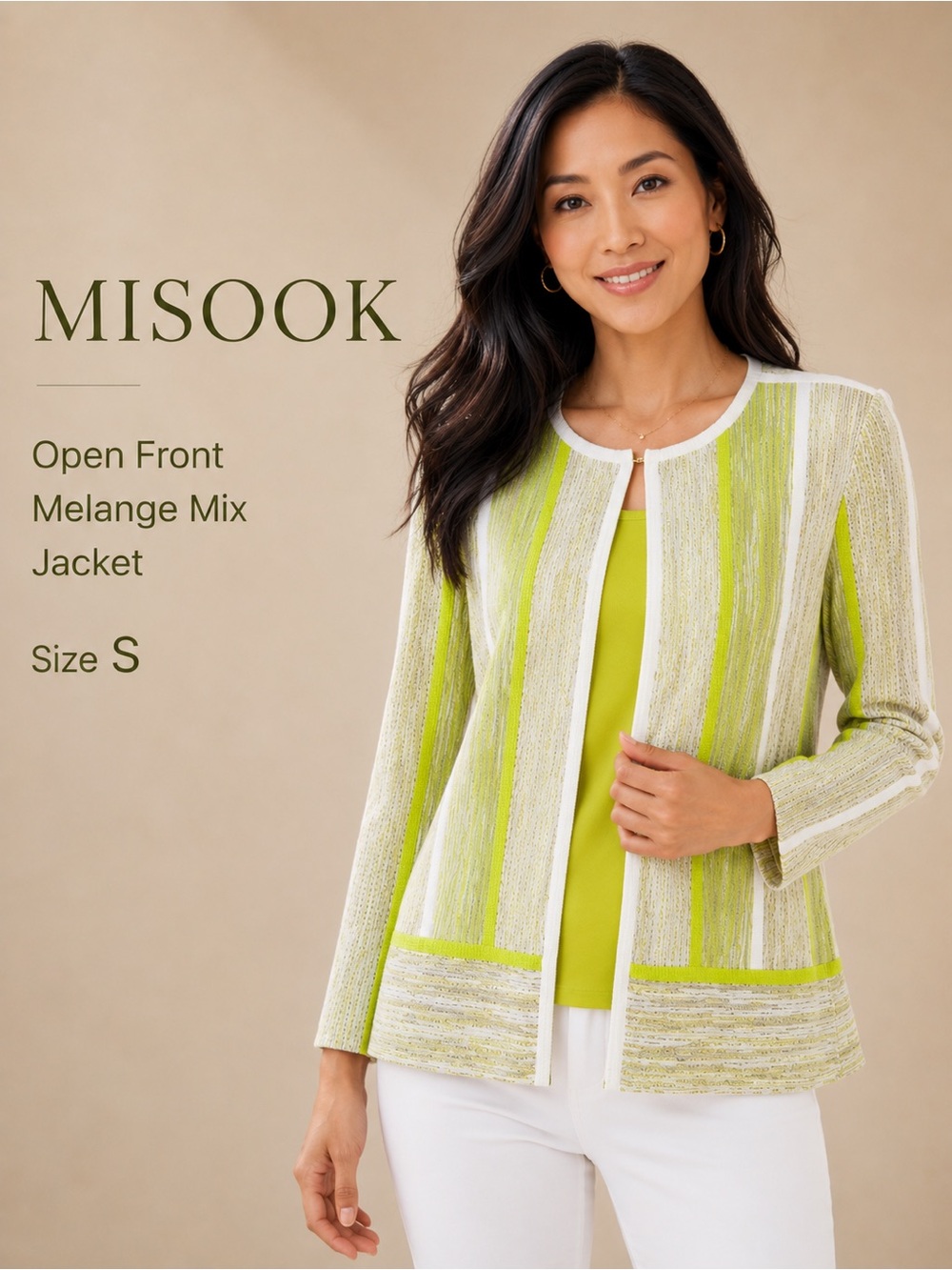 Misook Open Front Melange Mix Striped Jacket Lime Ivory Size XL